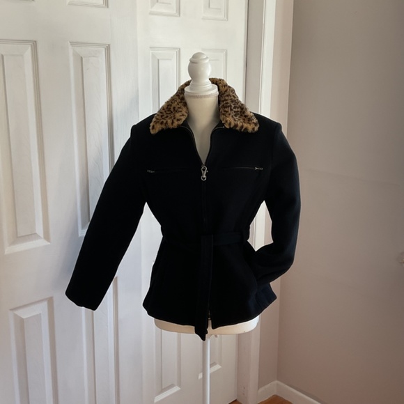 Women’s Jason Kole Waist Length Belted Wool Jacket with Animal Print Fur Collar - Picture 7 of 14